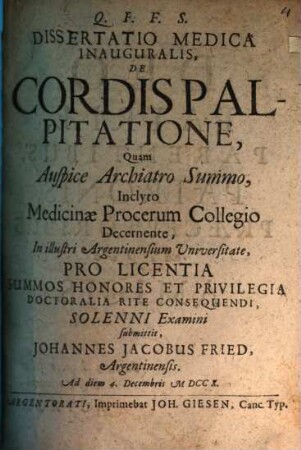 Dissertatio Medica Inauguralis, De Cordis Palpitatione