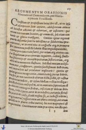 Argumentum Orationis Isocratis ad Demonicum per Hieronymum Wolfium