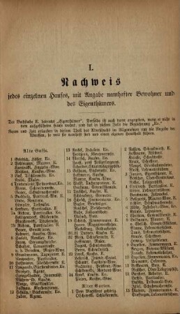 I. Nachweis jedes einzelnen Hauses, mit Angabe namhafter Bewohner und des Eigenthümers.