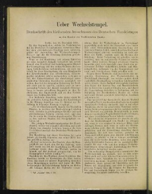 Ueber Wechselstempel : Denkschrift des bleibenden Ausschusses des Deutschen Handelstages