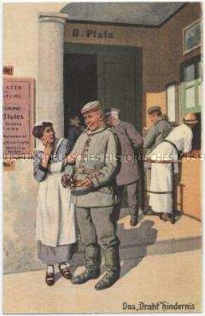 Karikatur auf militärische Fachausdrücke Nr. 2: Das Drahthindernis