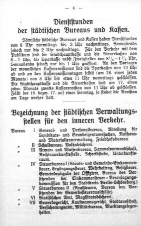 Dienststunden der städtischen Bureaus und Kassen