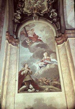 Knieender junger Herr mit Spielkarten, der vom Teufel bedroht wird und durch Maria Christus empfohlen wird