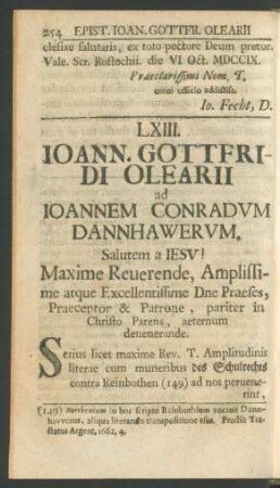 LXIII. Ioann Gottfridi Olearii ad Ioannem Conradum Dannhawerum