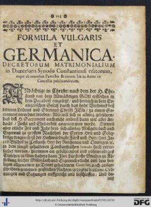 Formula Vulgaris Et Germanica Decretorum Matrimonialium in Dioecesana Synodo Constantiensi editorum ...