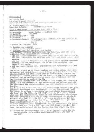 Rezension. Obertreis, Gesine : Familienpolitik in der DDR 1945-1980, 1986, Opladen: Leske + Budrich