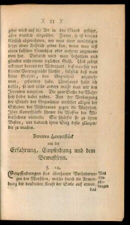 Zweites Hauptstück [Capitel] von der Erfahrung, Empfindung und dem Bewustseyn