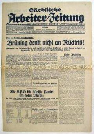 Kommunistische Tageszeitung "Sächsische Arbeiter-Zeitung" zum Ergebnis der Reichstagswahl mit scharfen Angriffen auf die SPD ("Sozialfaschismus")
