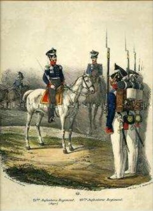 Uniformdarstellung, Major des 25. Infanterie-Regiments zu Pferd, Infanteristen des 29. Infanterie-Regiments, Preußen 1830. Aus: Elzholz u.a.: Das Preussische Heer. Tafel 61.