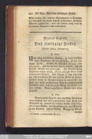 Viertes Capitel. Das eintägige Fieber. (Febris diaria. Ephemera.)