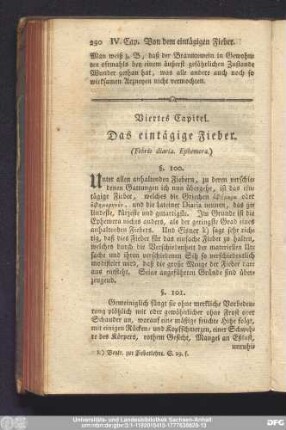 Viertes Capitel. Das eintägige Fieber. (Febris diaria. Ephemera.)