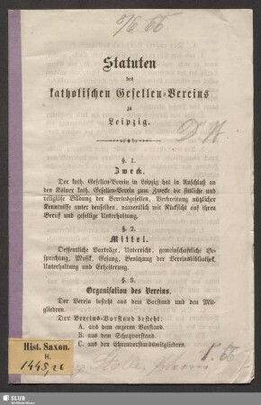 Statuten des katholischen Gesellen-Vereins zu Leipzig