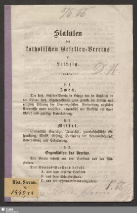 Statuten des katholischen Gesellen-Vereins zu Leipzig