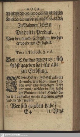 Die dritte Predigt. Von der durch Christum wiedererworbenen Seligkeit