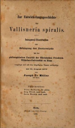 Zur Entwickelungsgeschichte der Vallisneria spiralis : Inaugural-Dissertation