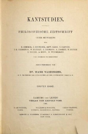 Kant-Studien : philosophische Zeitschrift der Kant-Gesellschaft. 1. 1897