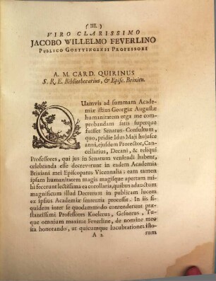 Ad clarissimum virum Jacobum Willelmum Feuerlinum publ. Goettingensem professorem epistola