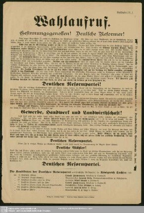 Wahlaufruf : Gesinnungsgenossen! Deutsche Reformer!; [Wahlaufruf der Deutschen Reformpartei]