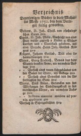 Verzeichnis Dererjenigen Bücher so diese Michaelis Messe 1750. bey dem Verleger fertig geworden.