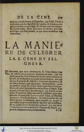 La Manière de celebrer la S. Cene du Seigneur.