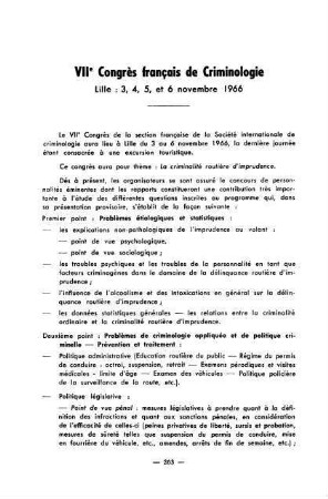 263-264, VIIe Congrès français de Criminologie, Lille 3 - 6 novembre 1966