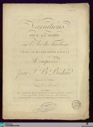 Variations pour la harpe sur l'air des Tiroliens : (Wann i in der Früh aufsteh ai ei ei a)