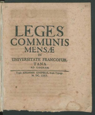 Leges Communis Mensae In Universitate Francofurtana Ad Oderam