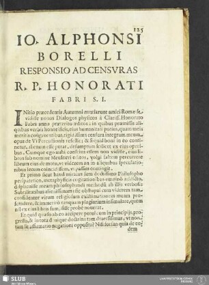 Io. Alphonsi Borelli Responsio ad Censuras R. P. Honorati Fabri S. I.