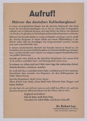 Aufruf! Männer des deutschen Kohlenbergbaus!