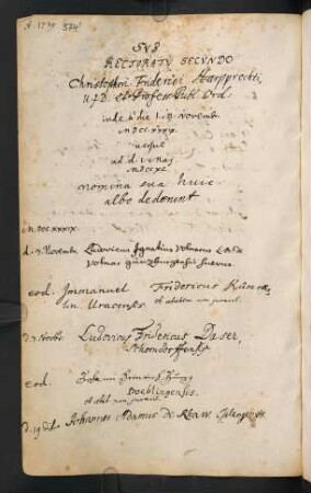 Winterhalbjahr 1739/1740. Rektorat Christoph Friedrich Harpprecht