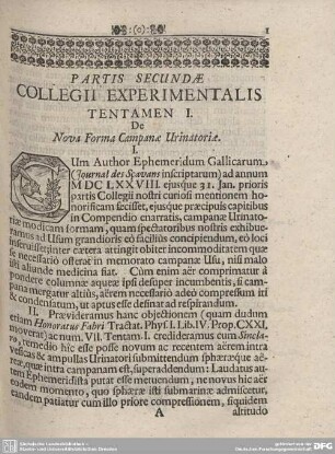 PARTIS SECUNDAE COLLEGII EXPERIMENTALIS TENTAMEN I. De Nova Forma Campanae Urinatoriae.