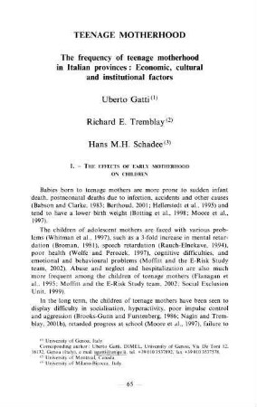 65-80, 5. Teenage motherhood. The frequency of teenage motherhood in Italian provinces: Economic, cultural and institutional factors