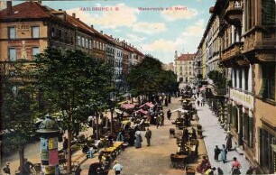 Postkartenalbum. "Karlsruhe i. B. - Werderplatz mit Markt". Werderplatz