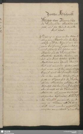 Zweiter Abschnitt. Welcher eine Theorie für die Waßersäulen Maschine enthält, und die Gründe derselben fort setzet