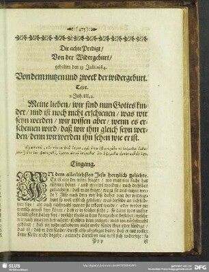 Die achte Predigt, Von der Widergeburt, gehalten den 23. Julii 1684. Von dem nutzen und zweck der widergeburt