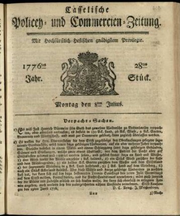 28tes Stueck, Montag den 8ten Julius 1776