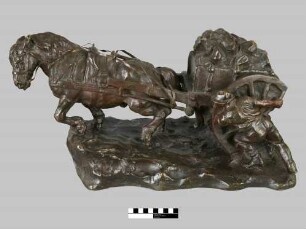 Bronzeplastik, Pferdefuhrwerk mit hochbeladenem Wagen