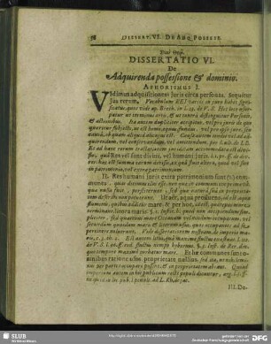 Dissertatio VI. De Adquirenda possessione & dominio