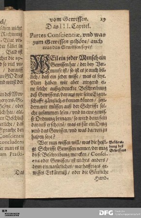 Das III. Capitel. Partes Conscientiæ, und was zum Gewissen gehöre/ auch was das Gewissen seye?