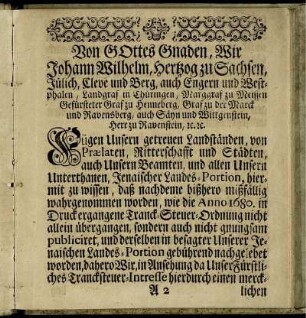 Erneuerte Tranck-Steuer-Ordnung, Der Fürstl. Sächsis. Jenaischen Landes-Portion. Anno 1725