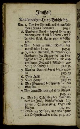 Innhalt des Anatomischen Hand-Büchleins.