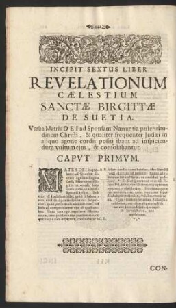 Incipit Sextus Liber Revelationum Caelestium Sanctae Birgittae De Suetia. Caput Primum. - Caput CXXII.