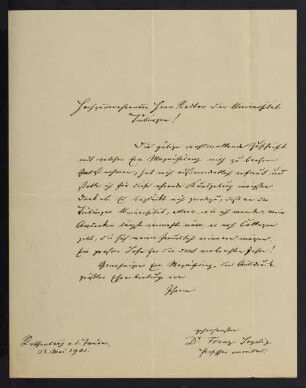 "Hochzuverehrender Herr Rektor der Universität Tübingen!" 23.5.1907