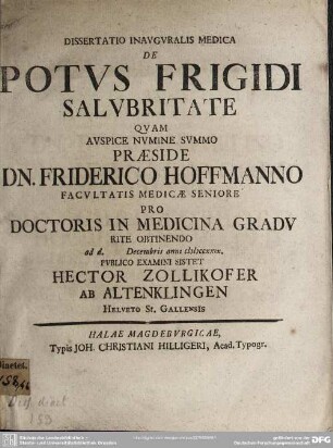 Dissertatio Inauguralis Medica De Potus Frigidi Salubritate
