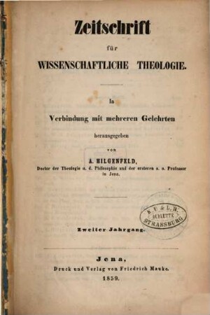 Zeitschrift für wissenschaftliche Theologie. 2. 1859