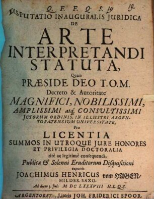 Disputatio inauguralis juridica De arte interpretandi statuta