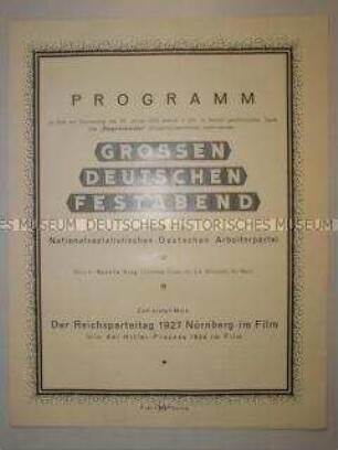 Programm eines Propagandaveranstaltung der NSDAP mit der Erstaufführung des Filmes über den Reichsparteitag 1927