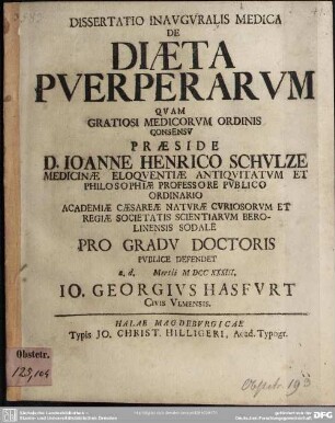 Dissertatio Inauguralis Medica De Diaeta Puerperarum
