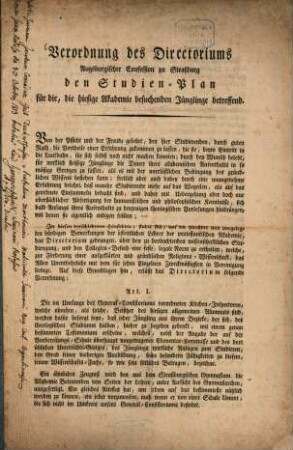 Verordnung des Directoriums Augsburgischer Confession zu Straßburg den Studien-Plan für die, die hiesige Akademie besuchenden Jünglinge betreffend