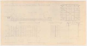 Gartenanlage Klostergärtnerei, Damsdorf: Holzspalier für die KLostergärtnerei: Ansicht 1:100, Grundriss, Schnitte 1:20